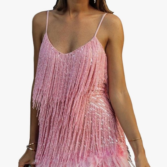 NWT Pretty Pink Sexy Fringe Feather Mini Dress With Beaded Tassles / Fringe Med - Picture 1 of 3